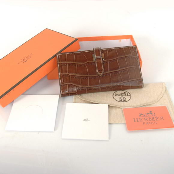 High Quality Hermes Bearn Japonaise Croco Leather Bi-Fold Wallets H208 Brown Fake - Click Image to Close